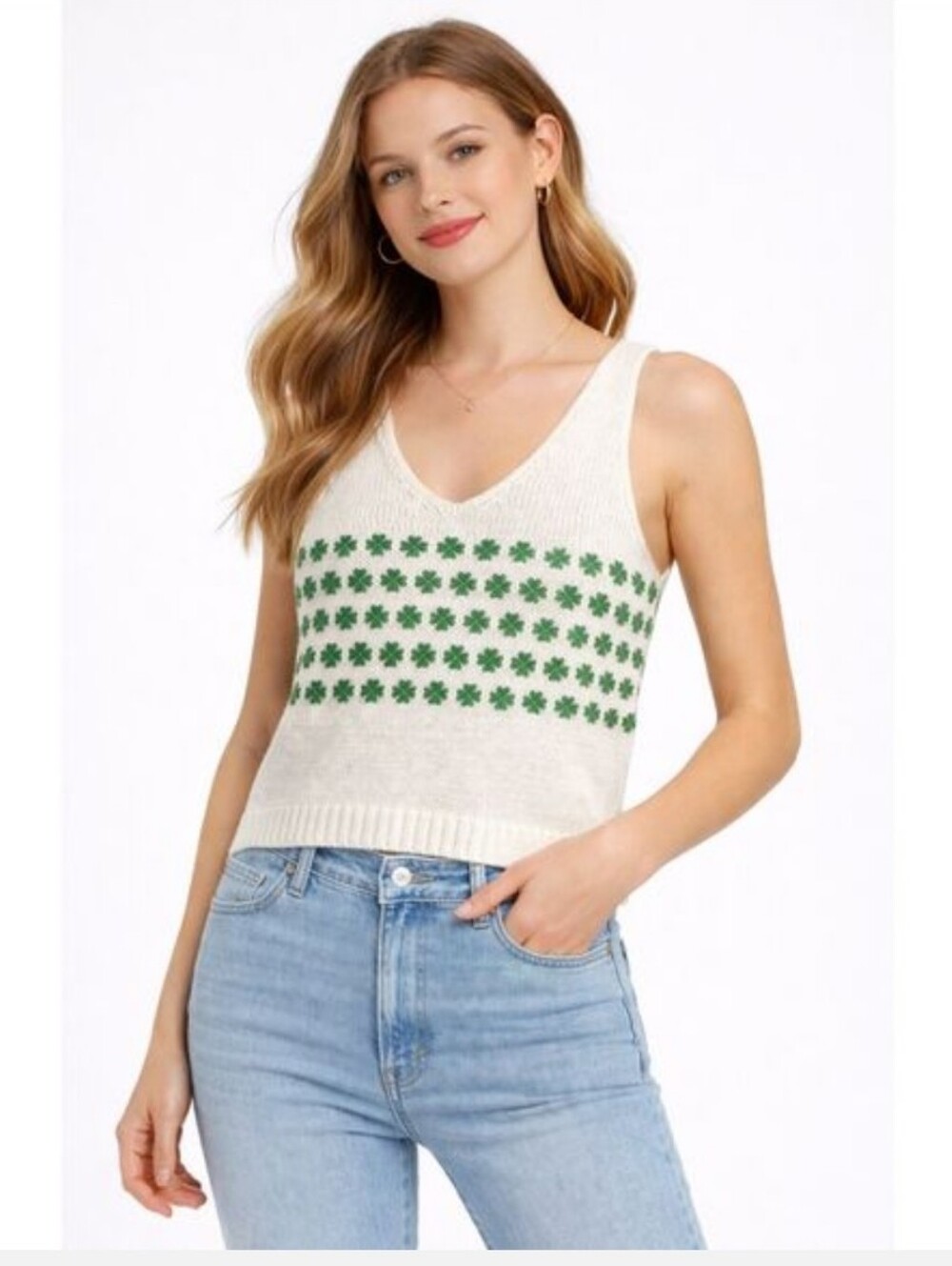 Moon & Madison 4 Leaf Clover Knit Tank. Ivory Cream. Size xsmall.